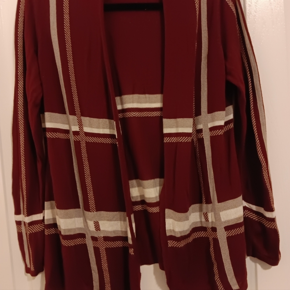 Charter clubRed and White Long Sleeve Cardigan with Plaid Designmedium